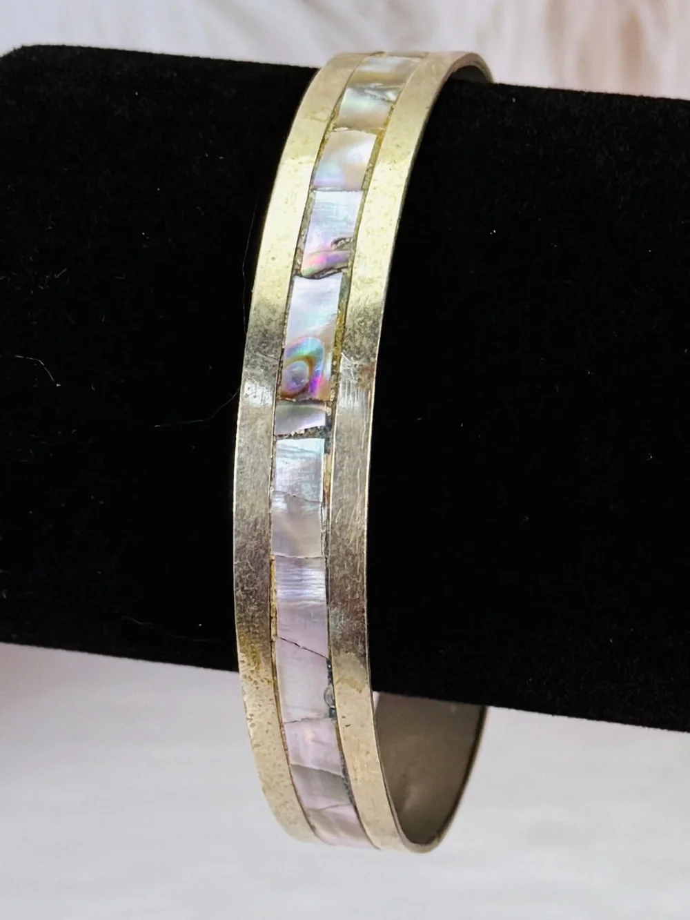 Vintage Boho Chic Oxidized Silvertone Abalone Mexico Stacking Bangle Bracelet